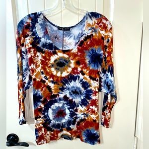 Women's Stretchy Medium Tie Dye Earthy Colors Blouson Shirt Top 3/4 Sleeves B